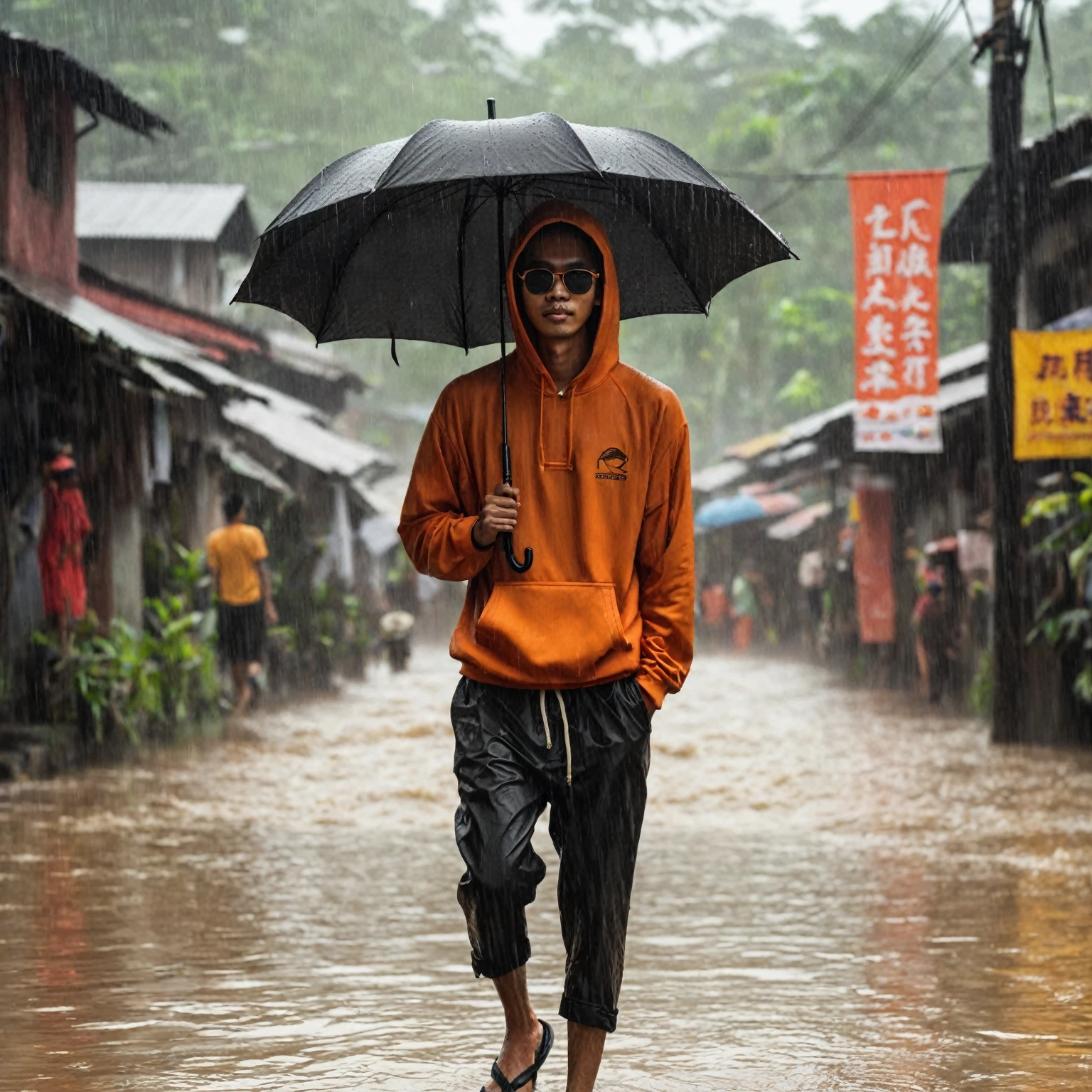 realistic photo, a man with a native Indonesian face, 25 years old, oval face, short side parted hair style, very thin body, sun glasses, wearing an orange hoodie, wearing black trousers, wearing black flip flops, looks carrying a black umbrella, he appears to be walking, the atmosphere in the village is flooded, the weather is rainy and cloudy, you can see a banner that says "LISUNGBATU"