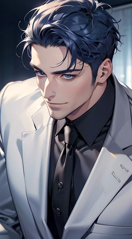 (best quality,4k,8k,highres,masterpiece:1.2),ultra-detailed,(realistic,photorealistic,photo-realistic:1.37),1 man,31 years old,mature man,very handsome,without expression,smile,short  blue hair,blue eyes,penetrating gaze,perfect face without errors,imposing posture,businessman,office background,cinematic lighting,hdr image