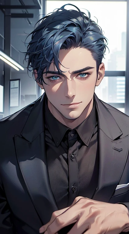 (best quality,4k,8k,highres,masterpiece:1.2),ultra-detailed,(realistic,photorealistic,photo-realistic:1.37),1 man,31 years old,mature man,very handsome,without expression,smile,short  blue hair,blue eyes,penetrating gaze,perfect face without errors,imposing posture,businessman,office background,cinematic lighting,hdr image