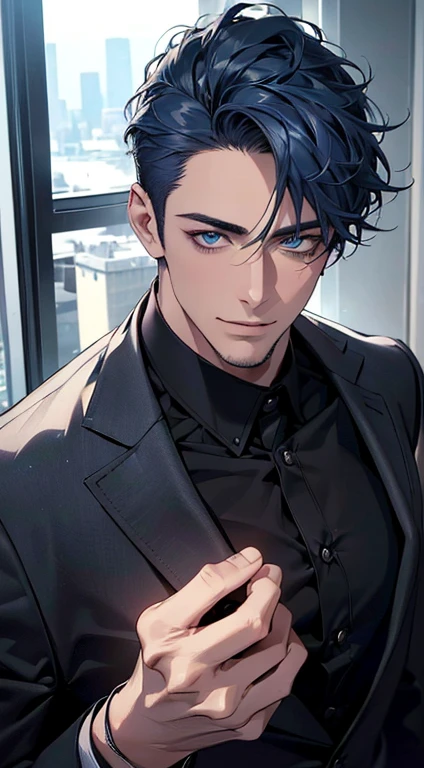(best quality,4k,8k,highres,masterpiece:1.2),ultra-detailed,(realistic,photorealistic,photo-realistic:1.37),1 man,31 years old,mature man,very handsome,without expression,smile,short blue hair,blue eyes,penetrating gaze,perfect face without errors,imposing posture,businessman,office background,cinematic lighting,hdr image