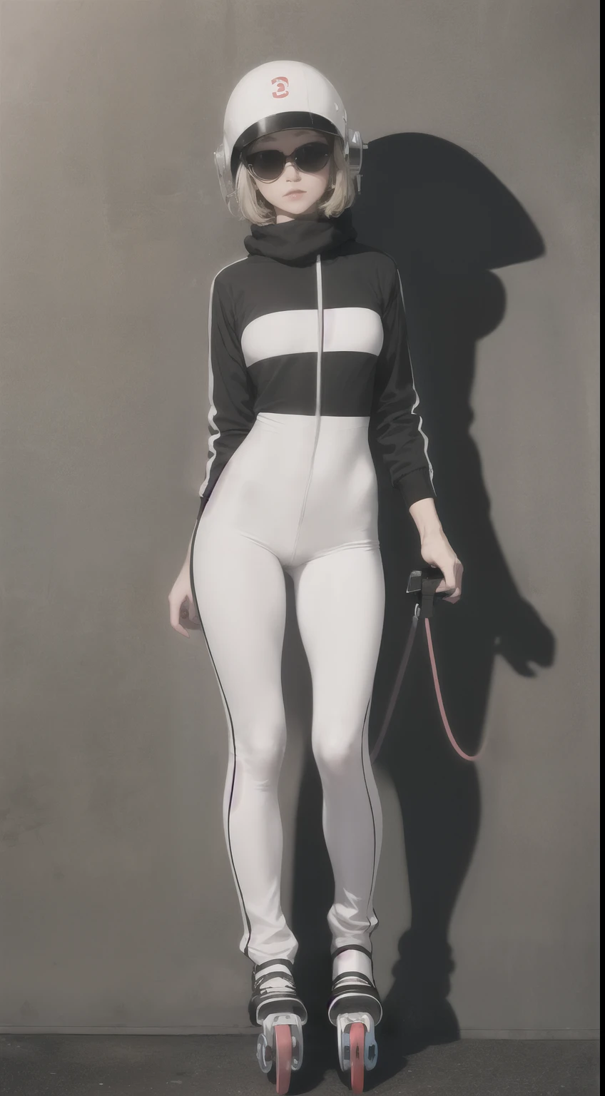 , (ultra detailed,ultra high res,detailed background),((2D)),((flat color)),((muted color)),((floating neon)),1girl,short,solo,looking at viewer, spray paint, graffiti, girl in a white fencing suit, long plush scarf, full body image, adult woman, anatomically perfect face, face in focus, symmetrical face, ((rollerskates)), wearing a 1950's scifi helmet with a visor, big sunglasses