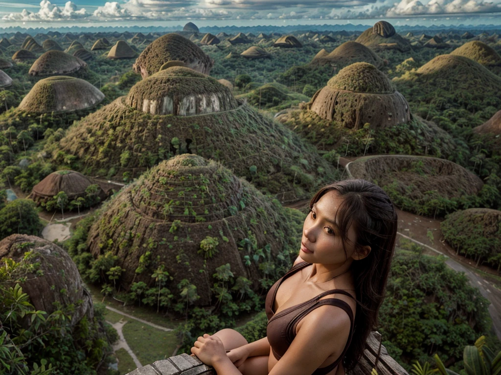 [[((Wide-angle aerial shot of the iconic Chocolate Hills in Bohol:1.6)), with their unique, rounded formations and lush greenery. The scene is set in the late afternoon with soft, natural lighting enhancing the beauty of the landscape. In the foreground, an ((attractive young Filipina woman with a captivating presence, embodying the essence of Allurist:1.6)), is exploring the area, dressed in comfortable and stylish travel attire. She is walking along a path, looking out over the hills with a sense of wonder and adventure. The focus is on the breathtaking landscape, with the woman adding a touch of human presence and adventure. The image should be in ((8K resolution:1.5)) with ((hyper-realistic detail:1.6)). The scene captures the essence of travel and exploration in the Chocolate Hills.]]