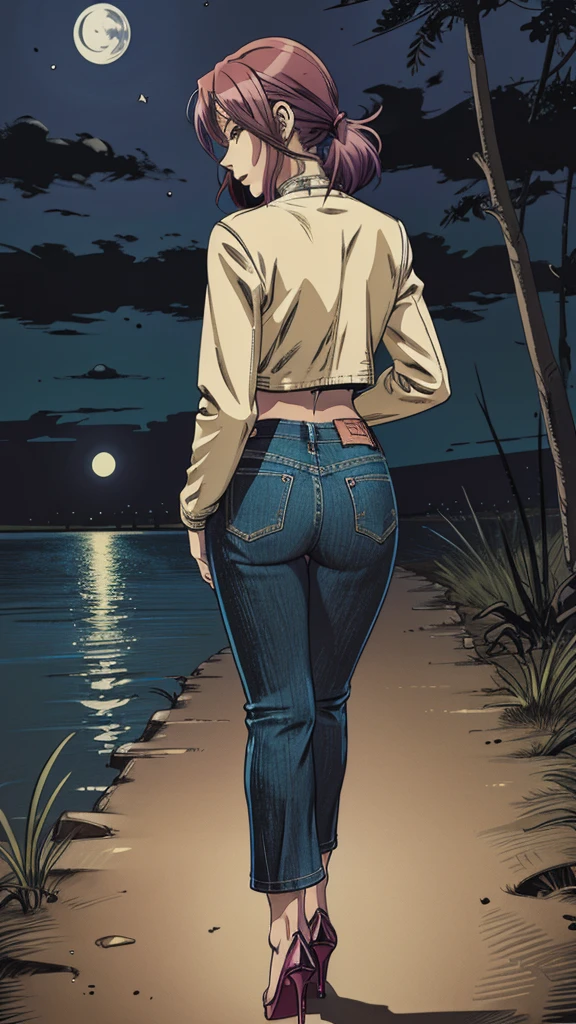 vector image, 2d cartoon,masterpiece, An anime woman,colored hair, tight long bootcut jeans, heels, leather biker jacket, provocative pose, orgasm expression, provocative pose,near swamp, standing, crop-top,heels, from behind view, night, turns back, touches herself