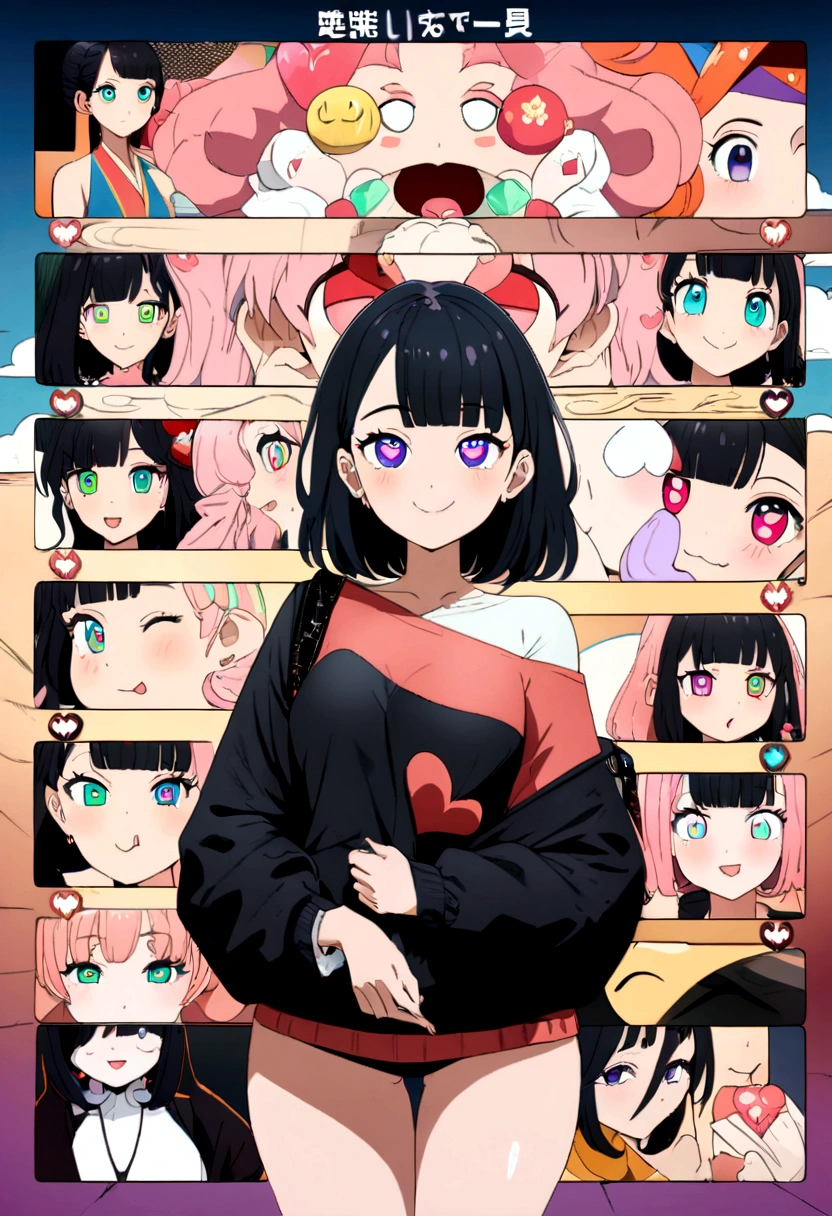 Black Hair, Pink Hair, Cloud hair, Heart-shaped pupils, multicolored eye, aqua eye, Slope_eye, purple eye, heart-shaped eye, Licking lips, Captivating smile, Smiley, Torogao, Drooling, mischief, Surrealism, Anime Style, Moving Chart, Cowboy Shot, 8K, Super detailed, 超High resolution, masterpiece, Accurate, Accurate, Textured skin, Super detailed, Attention to detail, Attention to detail, Awards, Highest quality, High resolution「Create an illustration of a young Japanese woman focusing on her peach and buttocks. The image must be stylish, sexy, Colorful and. In urban areas too, Contemporary feel.”