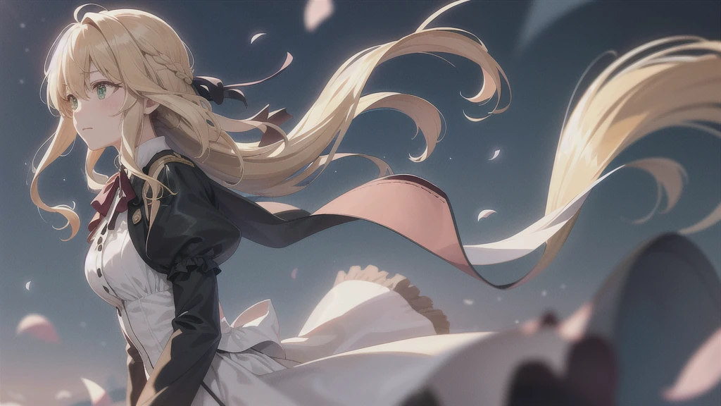 (Dynamic Angle:1.3),Extreme close up,the wind is strong,映画ofハイライト,1人of女of子,Looking into the distance、violet_Evergarden, alone, jewelry, blank eye,blonde_hair,( vevry long hair:1.2),floating hairlong_sleeve, ribbon, green_eye, Jacket, dress, gem, hair_ribbon,null, depth_of_Field, a close view of flying petal,