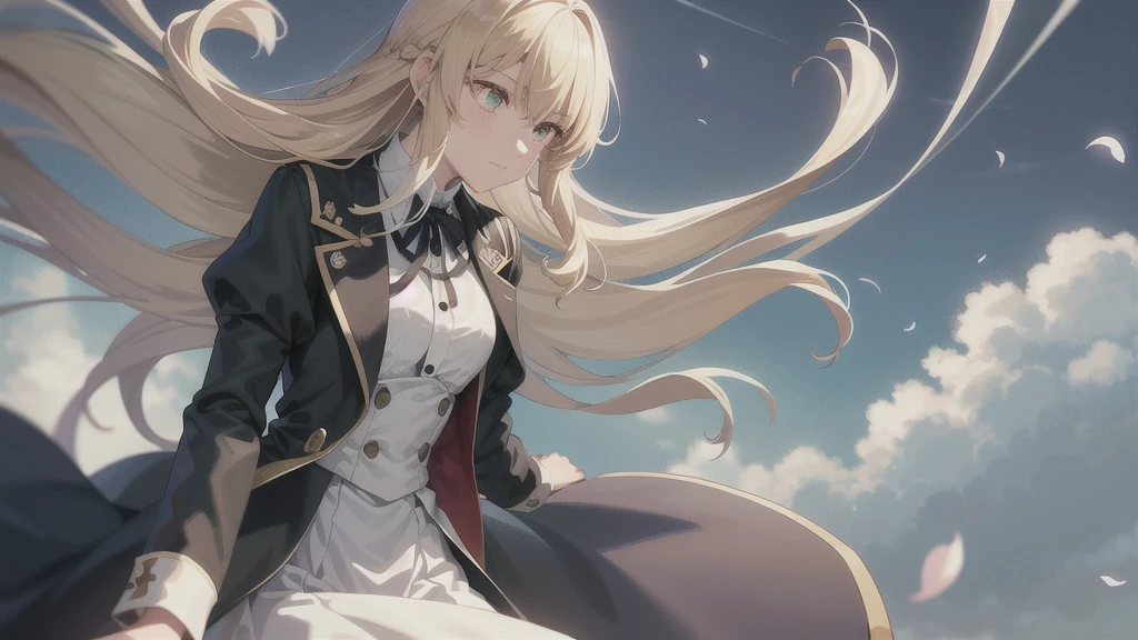 (Dynamic Angle:1.3),Extreme close up,the wind is strong,映画ofハイライト,1人of女of子,Looking into the distance、violet_Evergarden, alone, jewelry, blank eye,blonde_hair,( vevry long hair:1.2),floating hairlong_sleeve, ribbon, green_eye, Jacket, dress, gem, hair_ribbon,null, depth_of_Field, a close view of flying petal,
