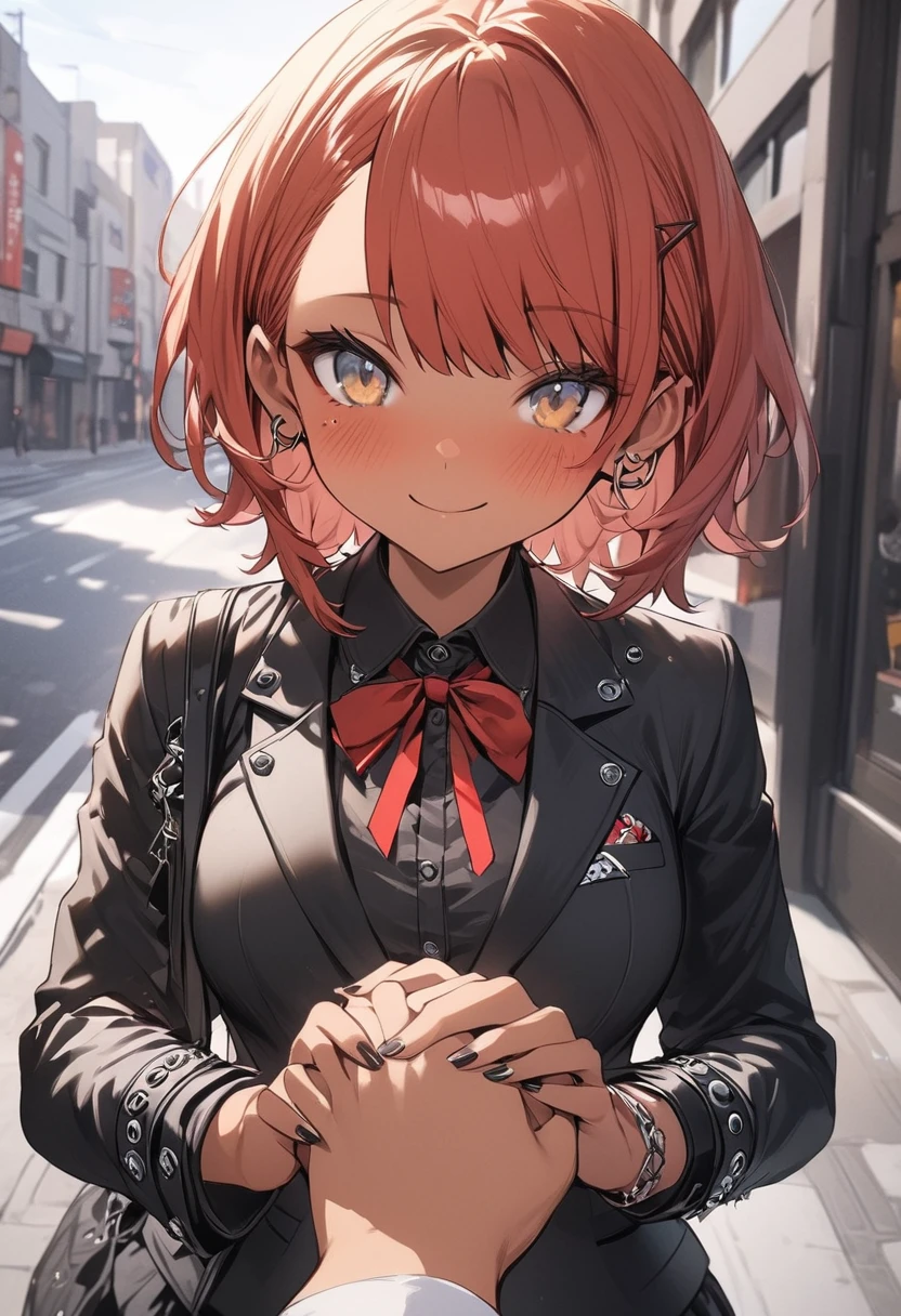 bestquality,1girl, tan skin, freckles, short red hair,left eye blue, right eye yellow, medium breasts,light smile,look at viewer,,blazer, stylish punk outfit ,bf_holding_hands,pov,blush,street, 