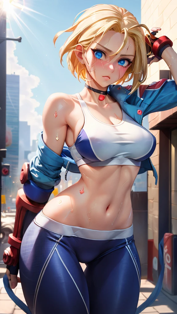 ((((masterpiece, best quality, high resolution)))), Extremely detailed 8K, 1 female, (Cammy White) wearing her Cammy White outfit, (Ultra HD, Ultra-detailed, Highly detailed, Highly realistic, Ultra-realistic, photograph realistic), (1girl:1.5), (Realistic short blond hair), (dynamic poses), facing at camera, looking at viewer, (a serious focus face), (regular blue eyes, sharp eyes), (perky breasts:1.2), (beautiful detailed face, beautiful detailed eyes), ((slightly sweating)), (preparing for a workout), sweat, glow, (sunbeam, sunlight), ((cowboy shot)), streets background, seductive, EnvyBetterHands LoCon,