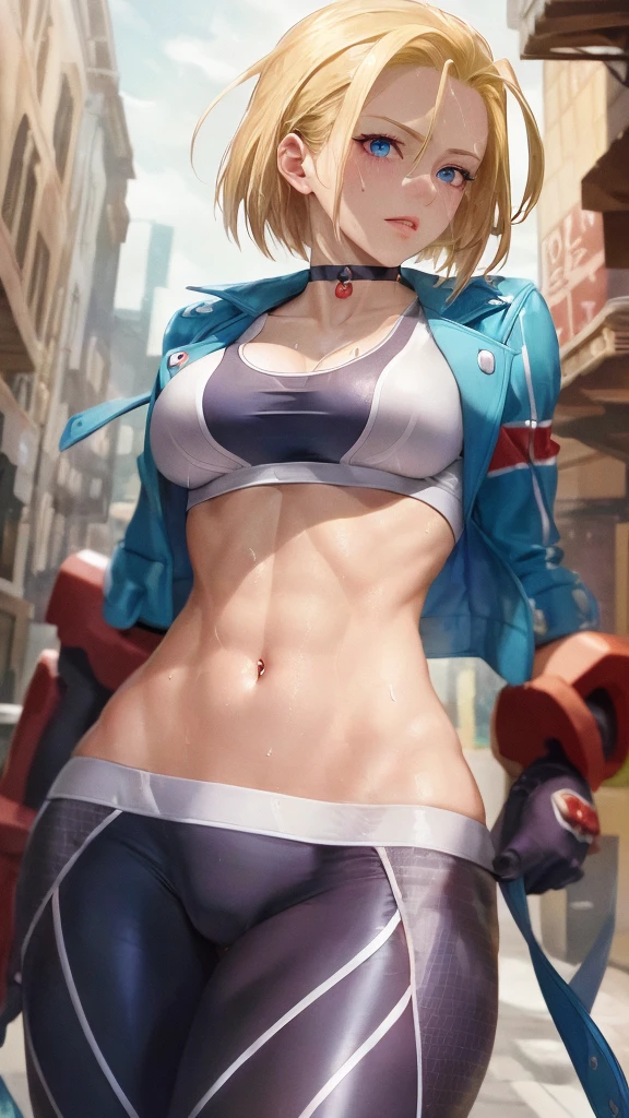 ((((masterpiece, best quality, high resolution)))), Extremely detailed 8K, 1 female, (Cammy White) wearing her Cammy White outfit, (Ultra HD, Ultra-detailed, Highly detailed, Highly realistic, Ultra-realistic, photograph realistic), (1girl:1.5), (Realistic short blond hair), (dynamic poses), facing at camera, looking at viewer, (a serious focus face), (regular blue eyes, sharp eyes), (perky breasts:1.2), (beautiful detailed face, beautiful detailed eyes), ((slightly sweating)), (preparing for a workout), sweat, glow, (sunbeam, sunlight), ((cowboy shot)), streets background, seductive, EnvyBetterHands LoCon,