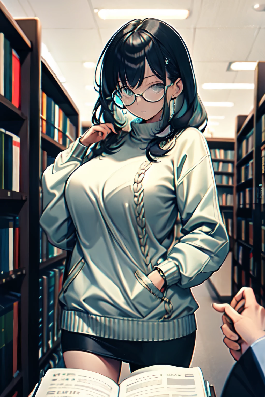 (masterpiece),(best quality), glasses, chakumomi, pov hand, breast grab, (embarrassed),sweater, in library,