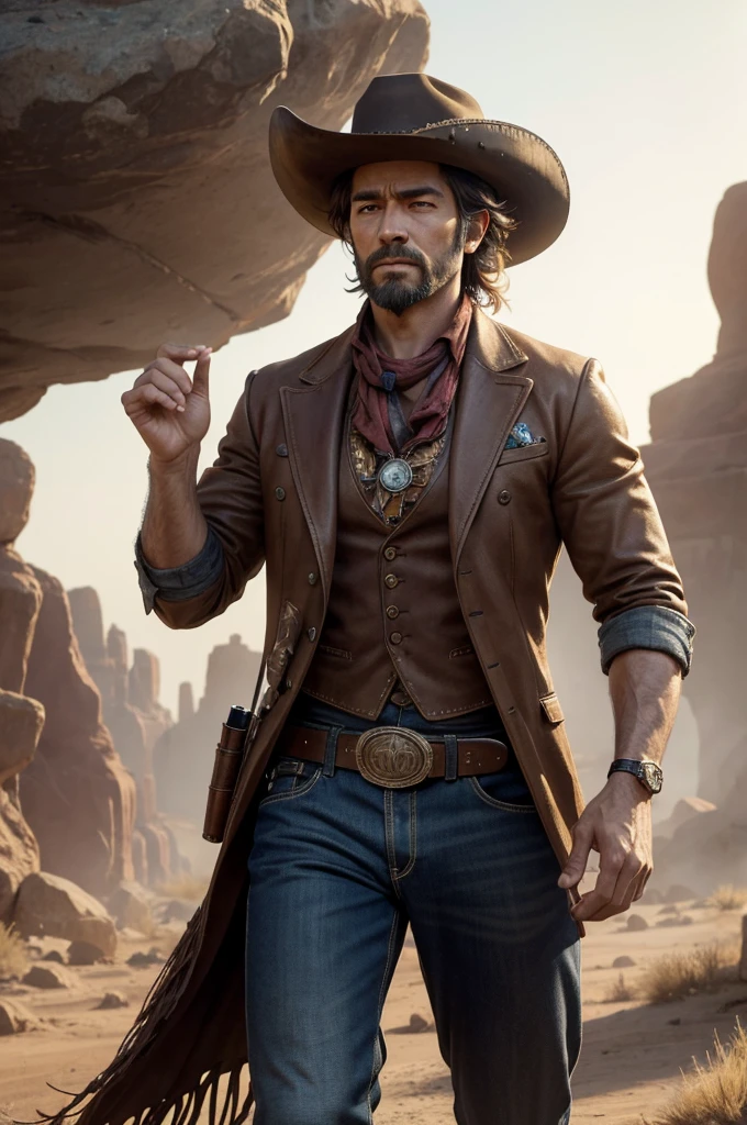 a humanoid creature with bird-like features, in a wild west setting, under the high noon sun, holding a pistol ready to draw, wearing cowboy attire, (best quality,4k,8k,highres,masterpiece:1.2),ultra-detailed,(realistic,photorealistic,photo-realistic:1.37),intricate details, detailed feathers, hyperrealistic, dramatic lighting, cinematic composition, highly saturated colors, warm color palette