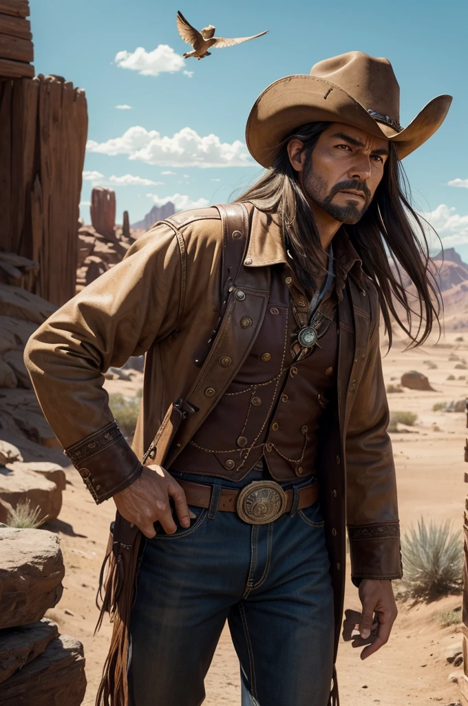 a humanoid creature with bird-like features, in a wild west setting, under the high noon sun, holding a pistol ready to draw, wearing cowboy attire, (best quality,4k,8k,highres,masterpiece:1.2),ultra-detailed,(realistic,photorealistic,photo-realistic:1.37),intricate details, detailed feathers, hyperrealistic, dramatic lighting, cinematic composition, highly saturated colors, warm color palette