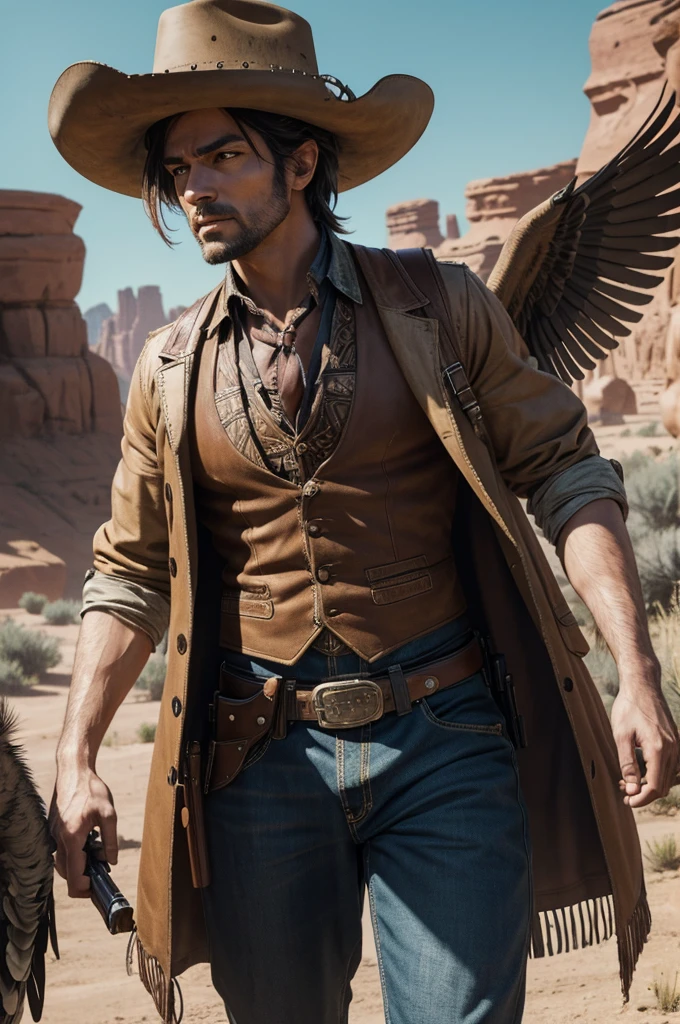 a humanoid creature with bird-like features, in a wild west setting, under the high noon sun, holding a pistol ready to draw, wearing cowboy attire, (best quality,4k,8k,highres,masterpiece:1.2),ultra-detailed,(realistic,photorealistic,photo-realistic:1.37),intricate details, detailed feathers, hyperrealistic, dramatic lighting, cinematic composition, highly saturated colors, warm color palette