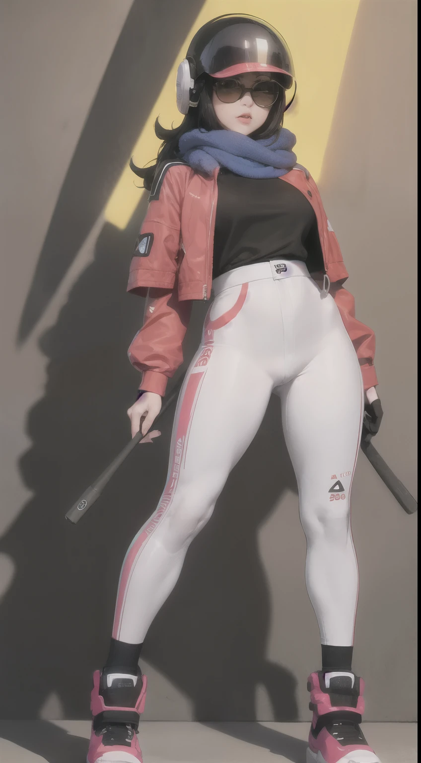 short woman, (ultra detailed,ultra high res,detailed background),((2D)),((flat color)),((muted color)),((floating neon)),1girl,solo,looking at viewer, spray paint, graffiti, girl in a colorful fencing suit, long plush scarf, full body image, adult woman, anatomically perfect face, face in focus, symmetrical face, rollerskates, wearing a 1950's scifi helmet with a visor, big sunglasses