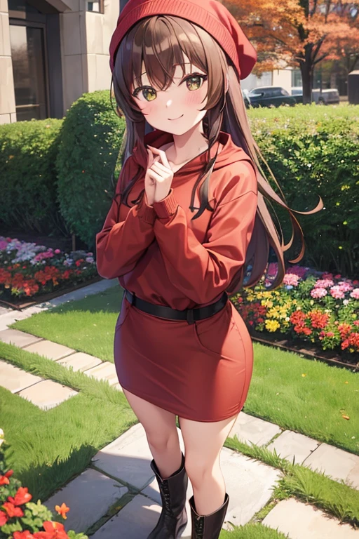 1girl, woman, red hoodie, brown jacket, black midi pencil skirt, medium length skirt, long brown hair, looking at viewer, full body, smile, brown hair, blush, boots, garden, fall, beanie