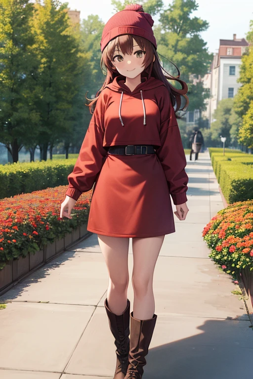 1girl, woman, red hoodie, brown jacket, black midi pencil skirt, medium length skirt, long brown hair, looking at viewer, full body, smile, brown hair, blush, boots, garden, fall, beanie