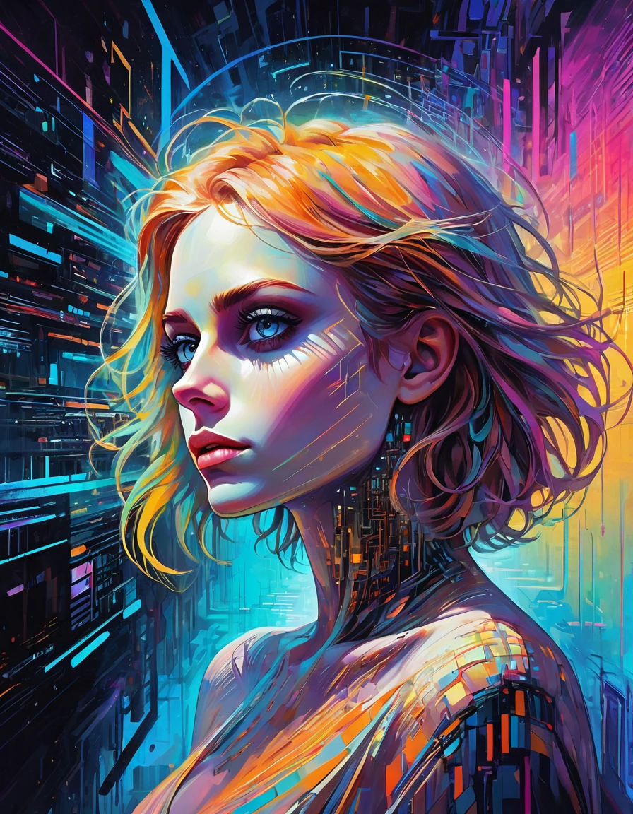 oil on canvas, muse of digital generative art, divine supernatural being, otherworldly beauty, unperturbed, in the background there is an abstract motif of digital code and glitch aesthetics., it appears from the void of diffusion, filled with photon energy, thick textured paint, neat style of writing, confusingly detailed, A true masterpiece, 8 k, HDR, bright neon colors combined with pastel tones, Minimalist, Atmosphere of the 80s, Scenic quality