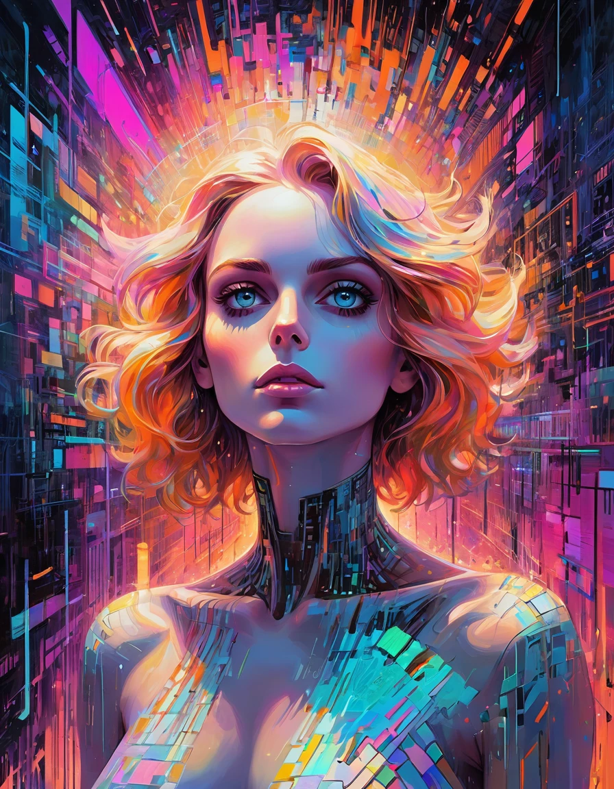 oil on canvas, muse of digital generative art, divine supernatural being, otherworldly beauty, unperturbed, in the background there is an abstract motif of digital code and glitch aesthetics., it appears from the void of diffusion, filled with photon energy, thick textured paint, neat style of writing, confusingly detailed, A true masterpiece, 8 k, HDR, bright neon colors combined with pastel tones, Minimalist, Atmosphere of the 80s, Scenic quality