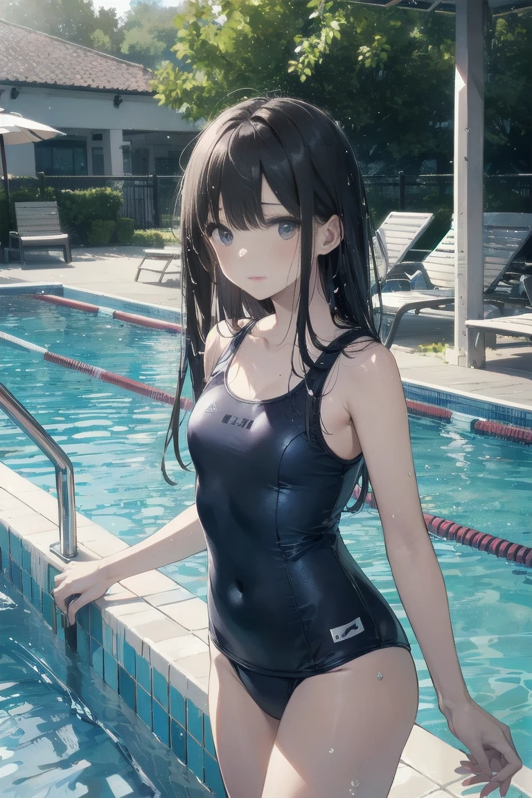 high quality、最high quality、Ultra-high resolution、Slender beauty、School Swimsuit、Embarrassed look、Pleasant expression、Droopy eyes、Pool、Splash、Water Splash