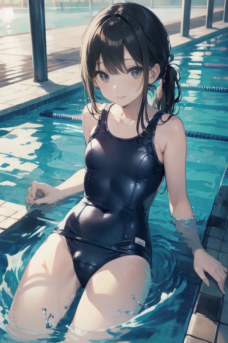 high quality、最high quality、Ultra-high resolution、Slender beauty、School Swimsuit、Embarrassed look、Pleasant expression、Droopy eyes、Pool、Splash、Water Splash