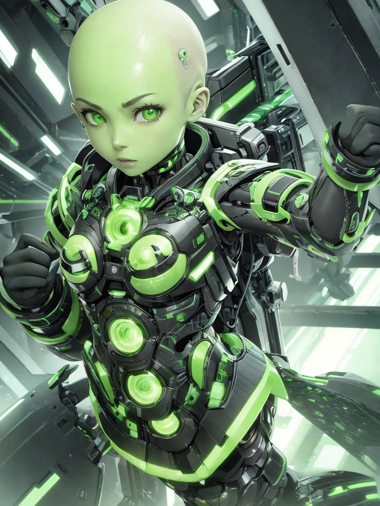 Cute cyborg girl, ((bald)), full body, green synthetic skin, skimpy cyber armor, Green mechanical eyes. 