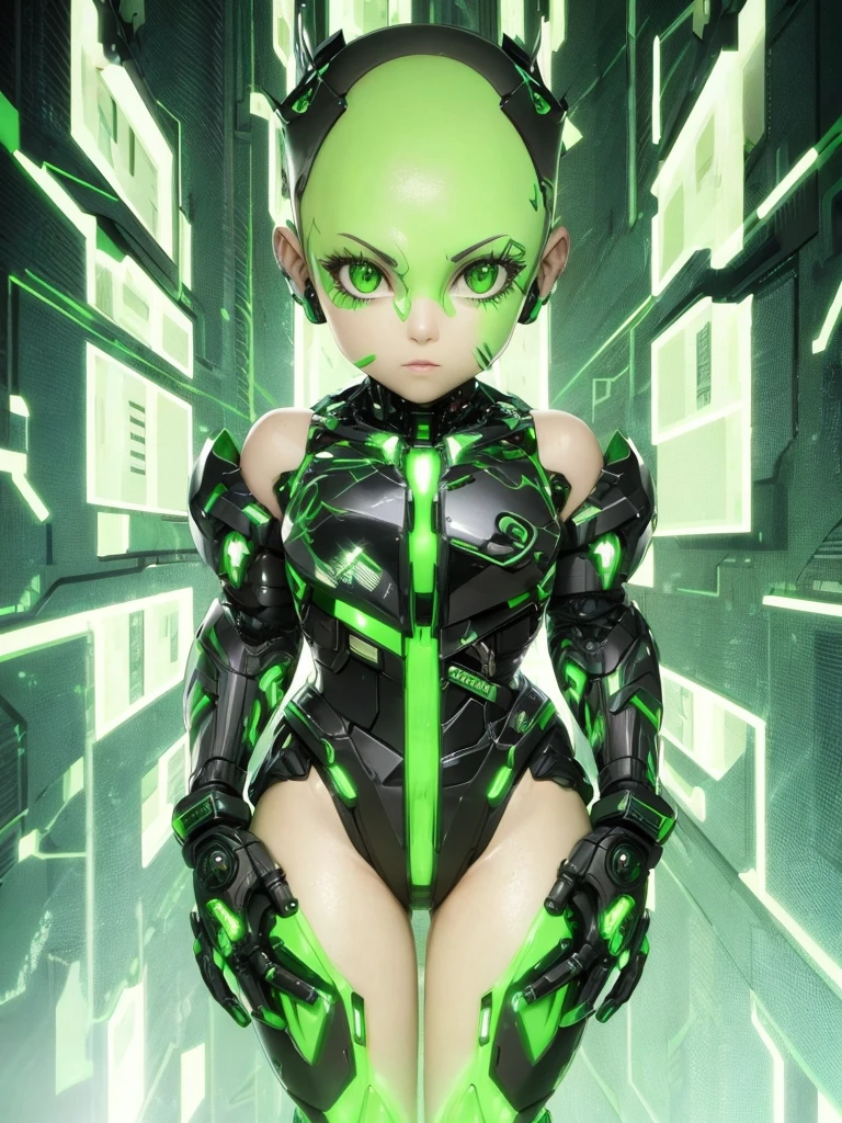 Cute cyborg girl, ((bald)), full body, green synthetic skin, skimpy cyber armor, Green mechanical eyes.