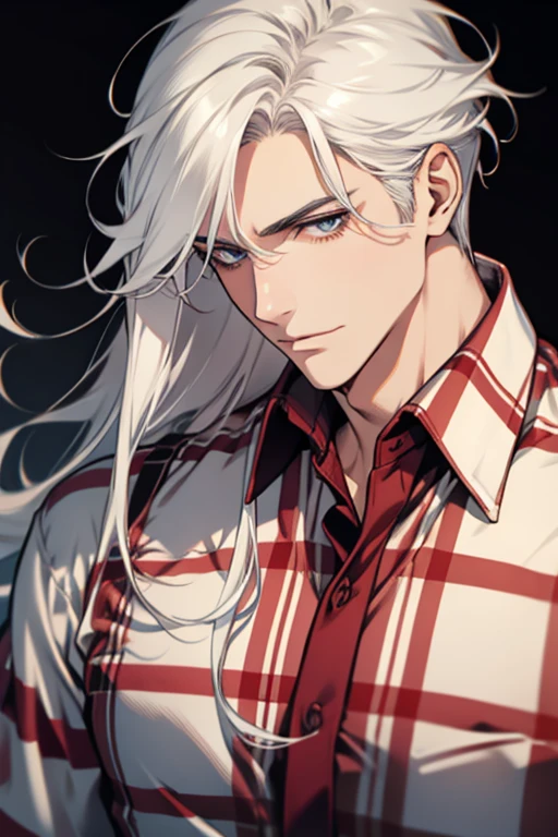 (1 man),close up shot, very long white hair, muscular, flannel shirt, farm background 