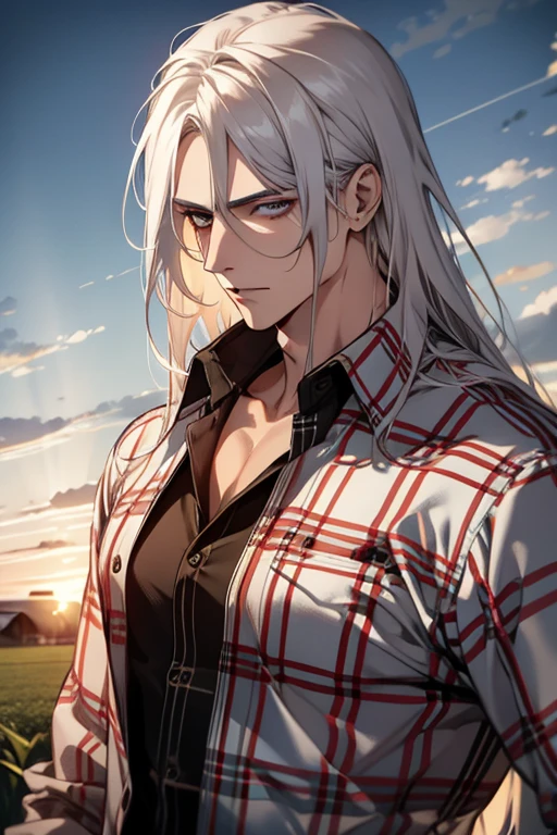 (1 man),close up shot, very long white hair, muscular, flannel shirt, farm background 