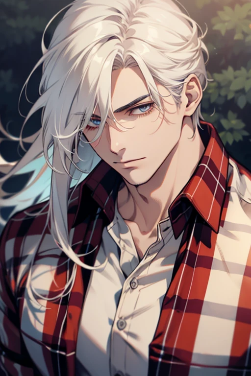 (1 man),close up shot, very long white hair, muscular, flannel shirt, farm background