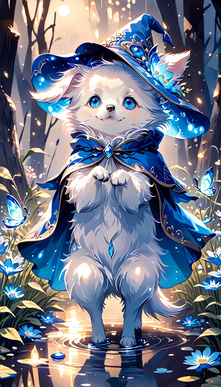 absurdres, highres, ultra detailed, HDR, master piece, small dog, white dog, expressive blue eyes, magical hat, cute, best quality, blue moon, flowers, fantasy, magical, solo, water, blue shining fireflies, blue petals, cape,