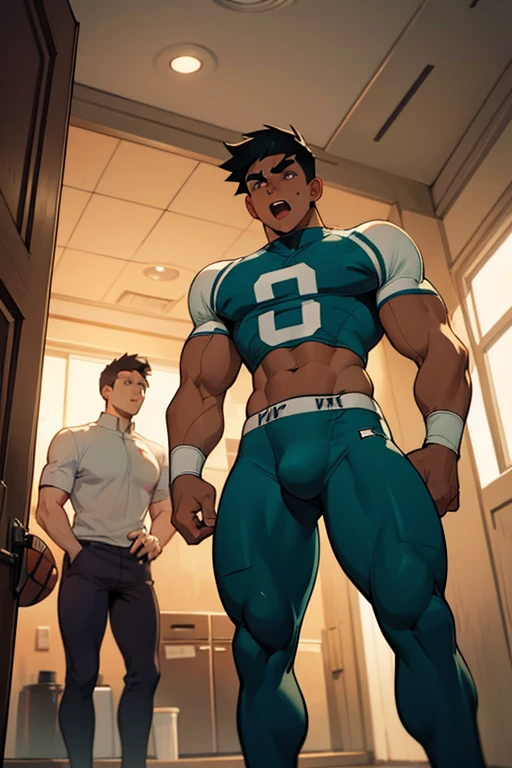 Danny Phantom, ghost, hypnosis, jock, conversion, locker room hallway, hyper muscles, jockstrap, bro, meathead, hypnotized, brainwashed, brainwashing, big dumb jock, football.  Glowing eyes. Hyper crotch bulge. Massive bulging crotch. Big balls. Big biceps. Big triceps. Big traps. Broad shoulders. Big meaty pecs. Big thighs. Thick glutes. Football team assimilation. Deep dull voice. glazed expression. dumber and dumber. Open mouth. Clothes turning into a football uniform. Danny Fenton turning into Dash Baxter. Black hair with blonde streaks. Twinning. Shoving a nerd into a locker. "Don't worry, Fenton. You'll like being a big dumb jock, just like me."