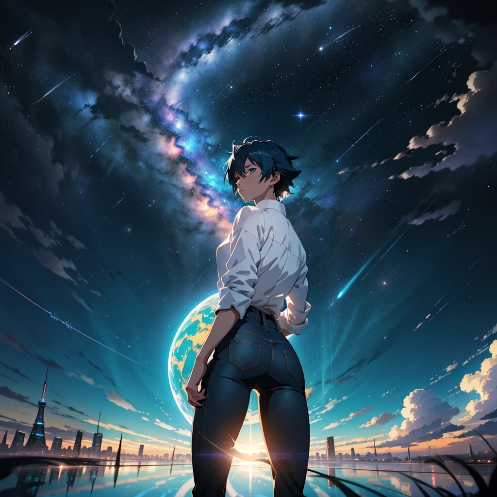 Beautiful sky anime scene with stars and planets, Space Sky. by Makoto Shinkai, anime art wallpaper 4k, 1 teal-haired woman, anime art wallpaper 4k, Anime Art Wallpapers 8K, anime wallpaper 4k, anime wallpaper 4k, 4k anime wallpaper, Anime Sky, Awesome Wallpapers, Anime Background, Heavenly planets in the background, Anime Background art, reflection, Quantum transitions, White shirt, Black jeans, In the city tower.