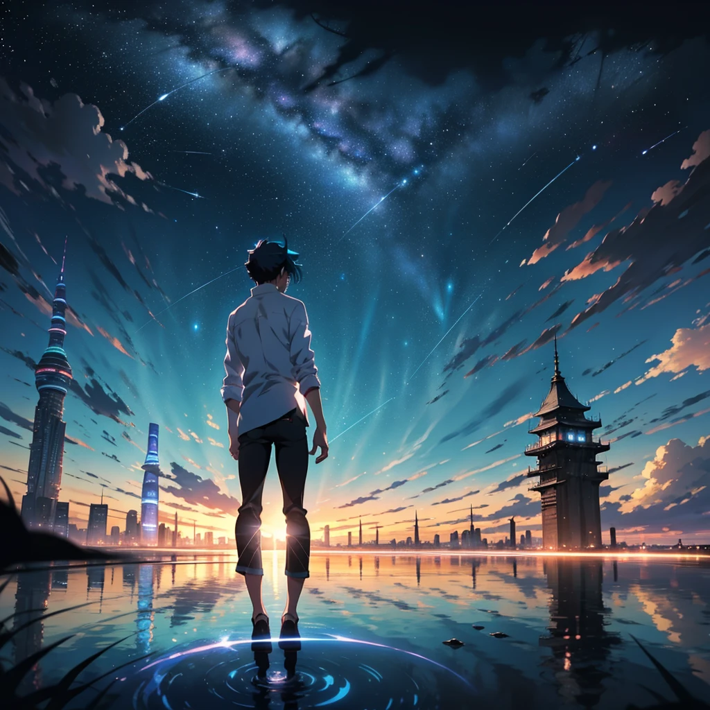 Beautiful sky anime scene with stars and planets, Space Sky. by Makoto Shinkai, anime art wallpaper 4k, 1 teal-haired woman, anime art wallpaper 4k, Anime Art Wallpapers 8K, anime wallpaper 4k, anime wallpaper 4k, 4k anime wallpaper, Anime Sky, Awesome Wallpapers, Anime Background, Heavenly planets in the background, Anime Background art, reflection, Quantum transitions, White shirt, Black jeans, In the city tower.