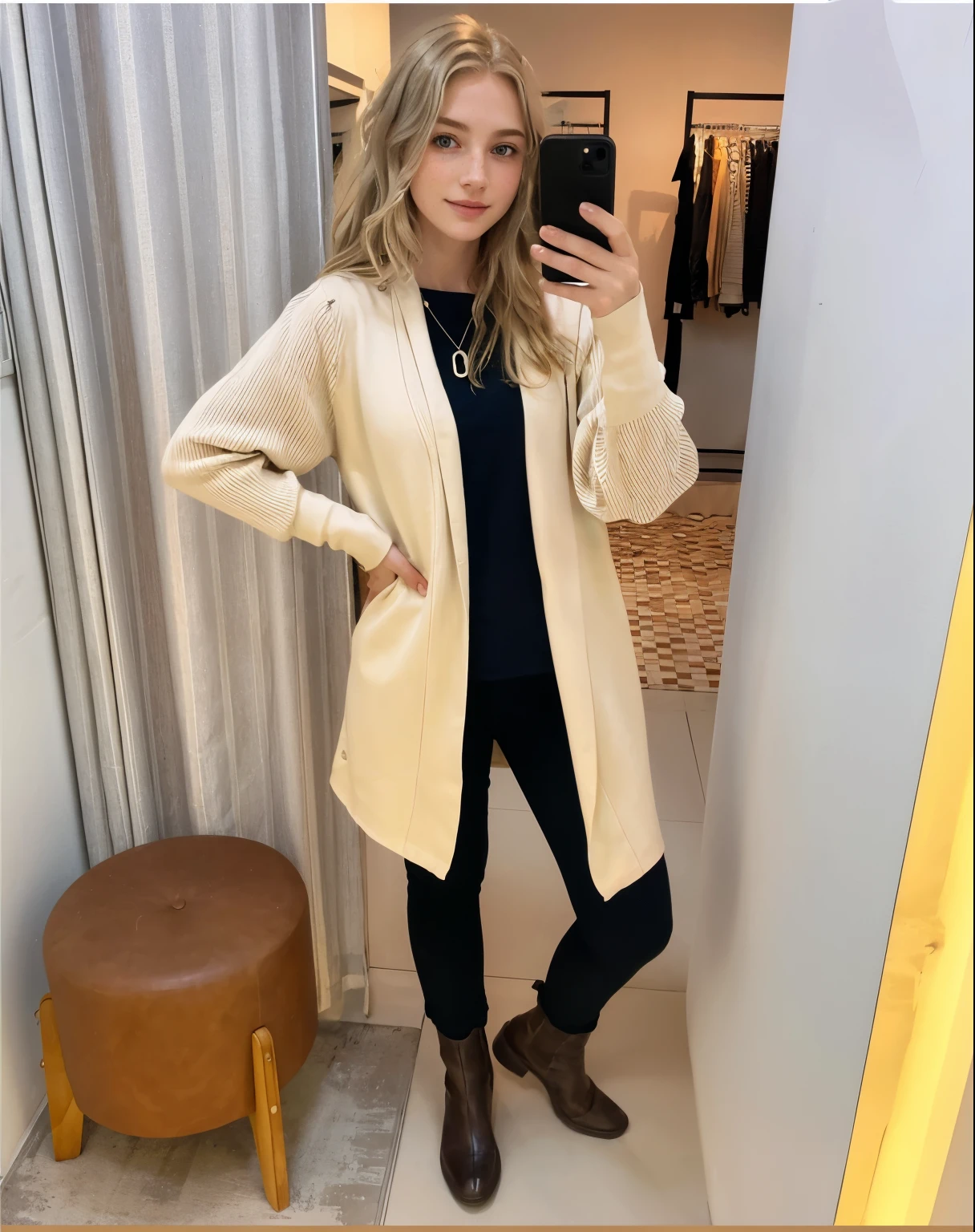 a one woman, americana, age 25, pale skin and freckles, grey-eyed, delicate nose, soft and delicate lips, distant, distant, wavy, waist-length blonde hair, Sweet smile, face with delicate feminine facial features, Highly Rendering 