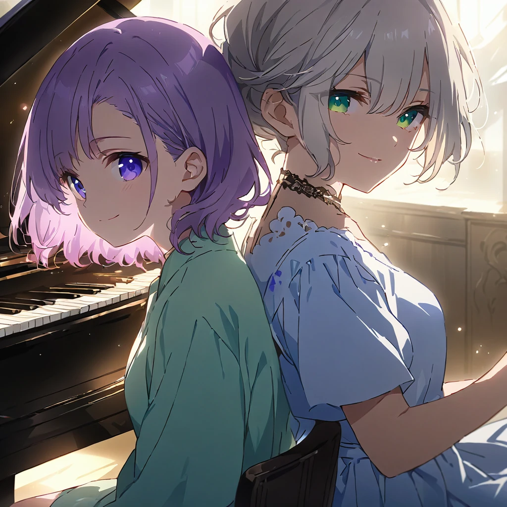 (masterpiece:1.3), anime visual, extremely delicate face, soft clean focus, realistic lighting and shading, (an extremely delicate and beautiful art:1.3),
Two girls,from side,look at viewer, one piano,Two girls are sitting side by side at a piano duet, one girl with pale purple hair and green eyes, other girl with silver hair and blue eyes, smiling,