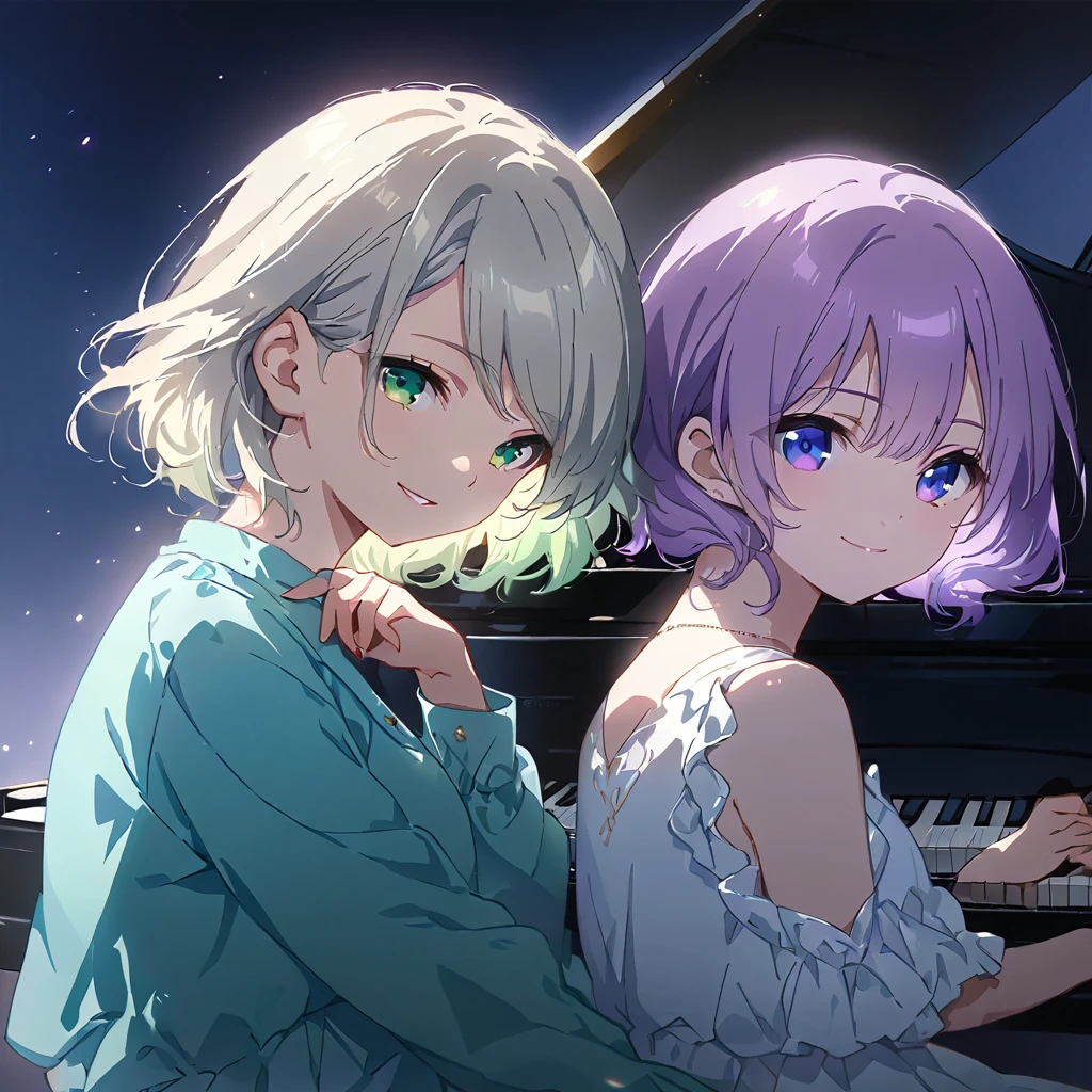 (masterpiece:1.3), anime visual, extremely delicate face, soft clean focus, realistic lighting and shading, (an extremely delicate and beautiful art:1.3),
Two girls,from side,look at viewer, one piano,Two girls are sitting side by side at a piano duet, one girl with pale purple hair and green eyes, other girl with silver hair and blue eyes, smiling,