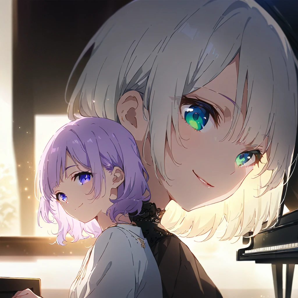 (masterpiece:1.3), anime visual, extremely delicate face, soft clean focus, realistic lighting and shading, (an extremely delicate and beautiful art:1.3),
Two girls,from side,look at viewer, one piano,Two girls are sitting side by side at a piano duet, one girl with pale purple hair and green eyes, other girl with silver hair and blue eyes, smiling,