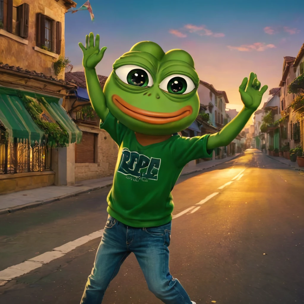 a victorious pepe the frog, 1 boy, adorable green frog character, triumphant expression, funny meme character, cartoon style, vibrant colors, dynamic movement, highly detailed, 8k, photorealistic