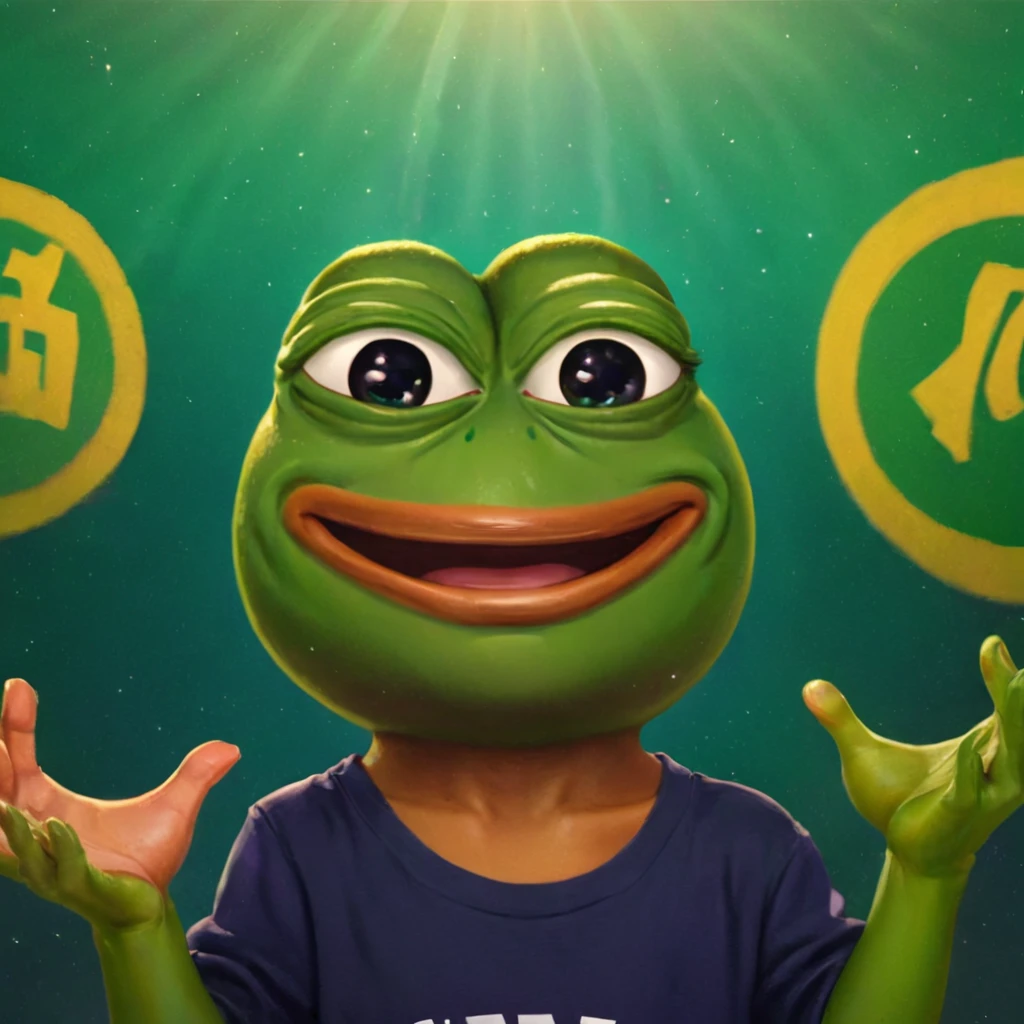 a victorious pepe the frog, 1 boy, adorable green frog character, triumphant expression, funny meme character, cartoon style, vibrant colors, dynamic movement, highly detailed, 8k, photorealistic