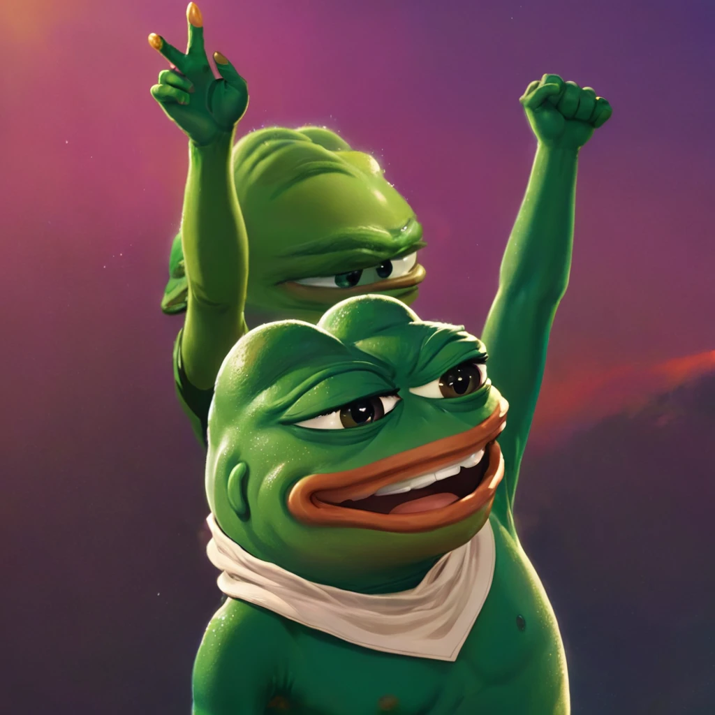 a victorious pepe the frog, 1 boy, adorable green frog character, triumphant expression, funny meme character, cartoon style, vibrant colors, dynamic movement, highly detailed, 8k, photorealistic