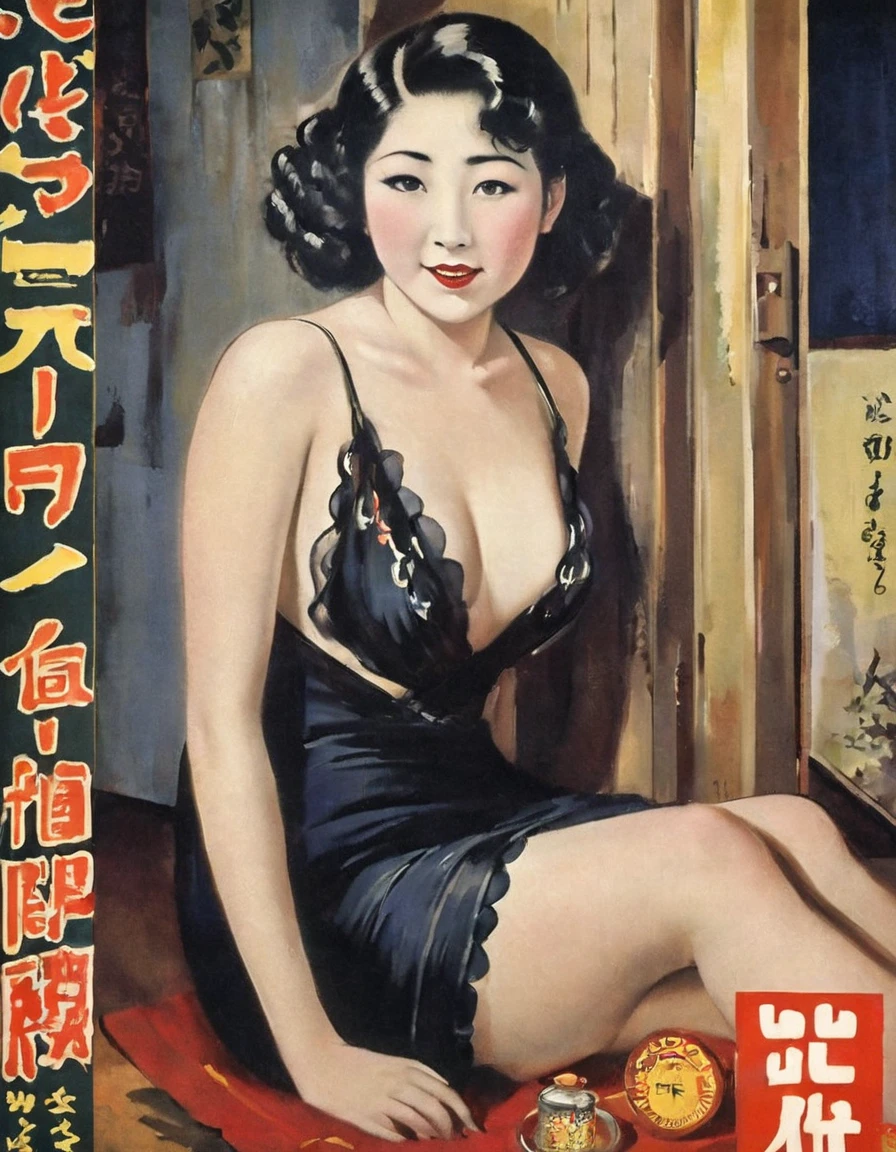 Highest quality、masterpiece,Retro image of a Japanese poster from the 1930s,oil painting style,One young woman、Voluptuous body、Prostitute、Black Camisole Dress、Bewitching atmosphere、sitting on the floor in a dark room、Close-up