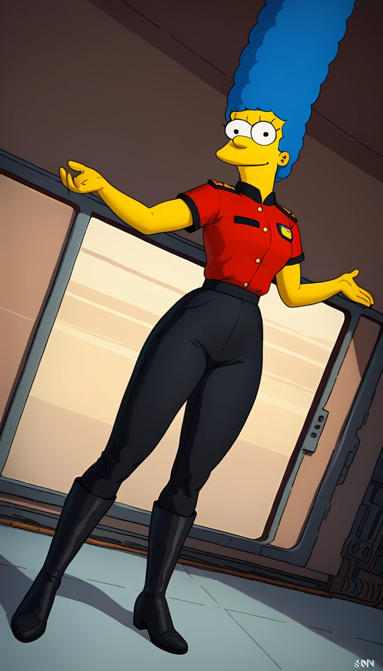 marges, (((blue hair, 1girl, solo, alone, colored skin, yellow skin))), zPDXL flat color, looking at viewer, smile, 

(((      red stsnwunf uniform, black pants, black boots           ))),

sexy pose, dynamic pose, dynamic angle, cowboy shot,

indoor, spaceship,