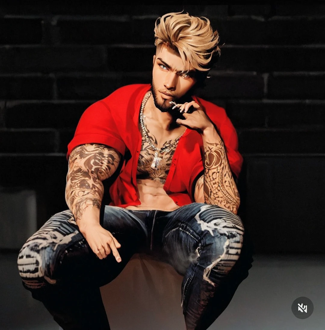 1male, dark skin, blond scruffy hair, beard, expressionless, black tanktop, smoking cigarette, red pants, city background, detailed background, hands to side, standing on path