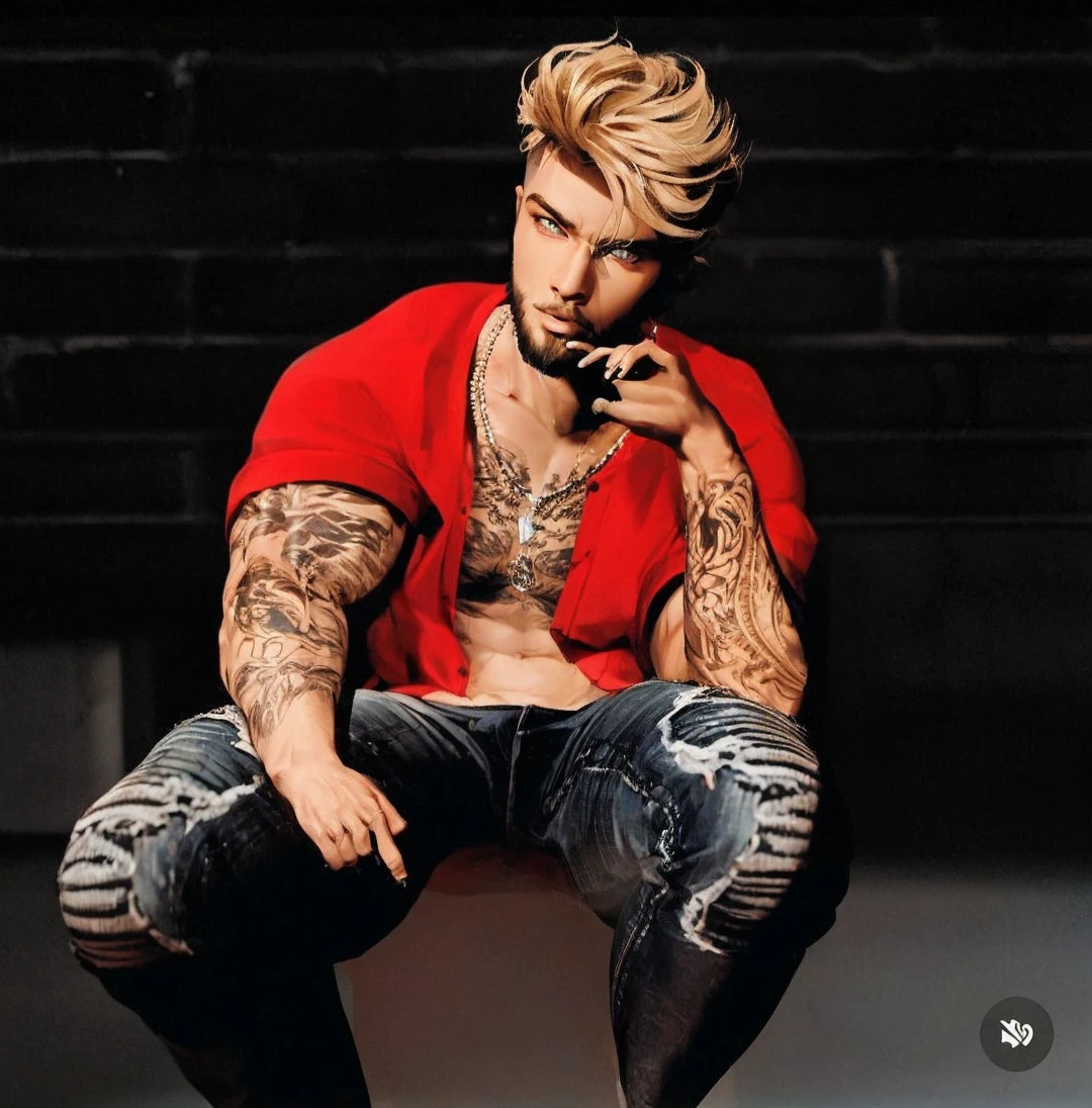 1male, dark skin, blond scruffy hair, beard, expressionless, black tanktop, smoking cigarette, red pants, city background, detailed background, hands to side, standing on path