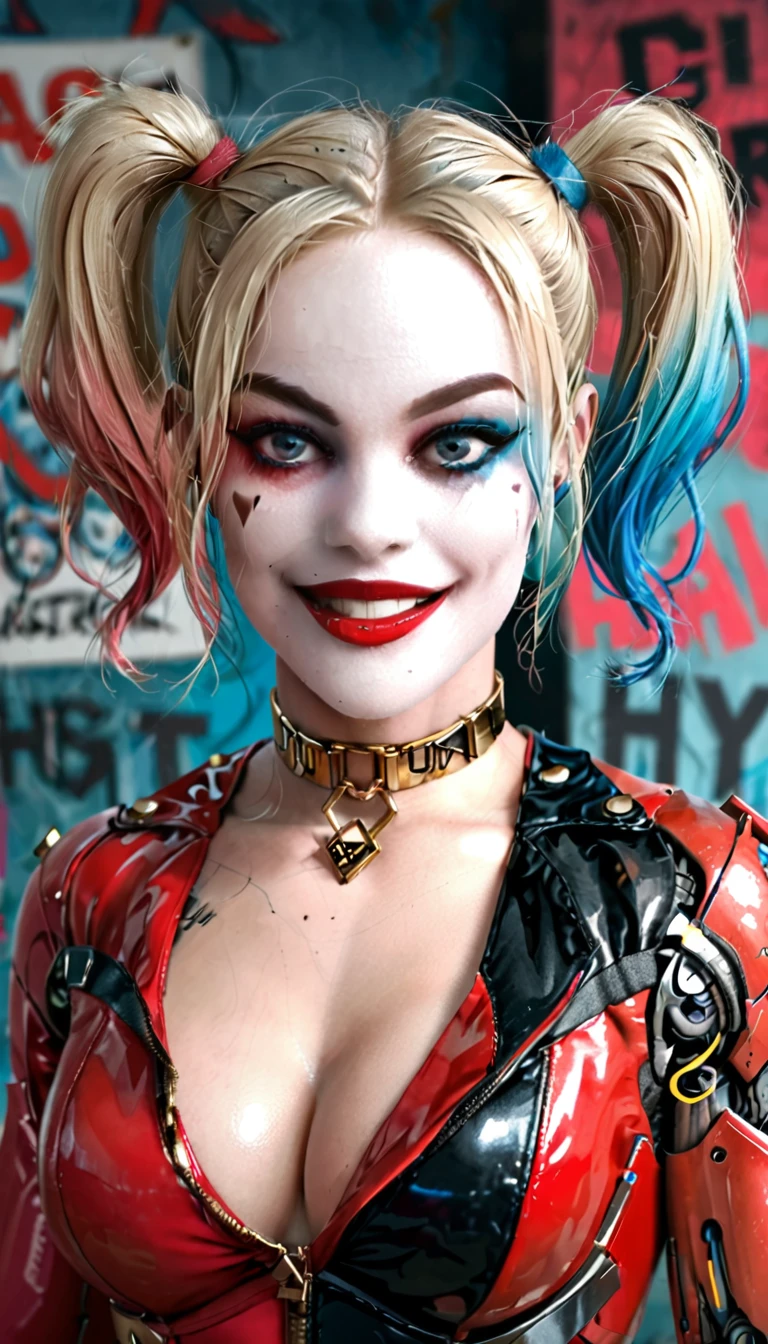 (work of art, high qualiy, wall-paper) Harley Quinn smiling with her mouth open showing her teeth, with blonde hair, neckline with very large bust, pink and light blue hair patch, blue colored eyes, strong makeup, red shadow and blue shadow, red lipgloss stick, golden gold choker, leather jacket, Cyborg Body, metal body, smooth and shiny metal, heavy iron boots, mechanical joints,  fully body, 