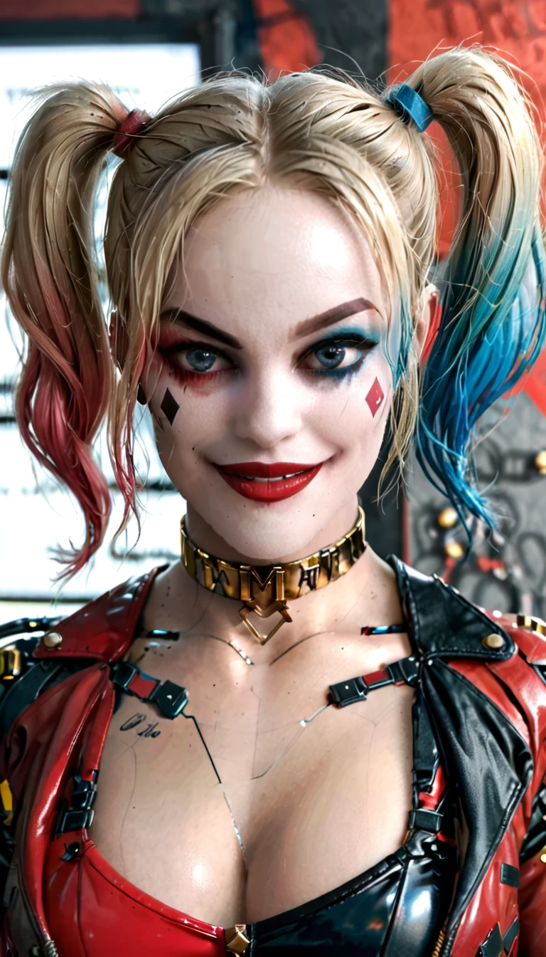 (work of art, high qualiy, wall-paper) Harley Quinn smiling with her mouth open showing her teeth, with blonde hair, neckline with very large bust, pink and light blue hair patch, blue colored eyes, strong makeup, red shadow and blue shadow, red lipgloss stick, golden gold choker, leather jacket, Cyborg Body, metal body, smooth and shiny metal, heavy iron boots, mechanical joints,  fully body, 