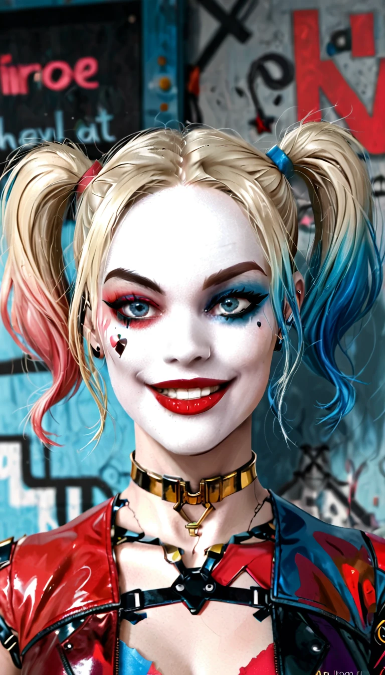 (work of art, high qualiy, wall-paper) Harley Quinn smiling with her mouth open showing her teeth, with blonde hair, neckline with very large bust, pink and light blue hair patch, blue colored eyes, strong makeup, red shadow and blue shadow, red lipgloss stick, golden gold choker, leather jacket, Cyborg Body, metal body, smooth and shiny metal, heavy iron boots, mechanical joints,  fully body, 