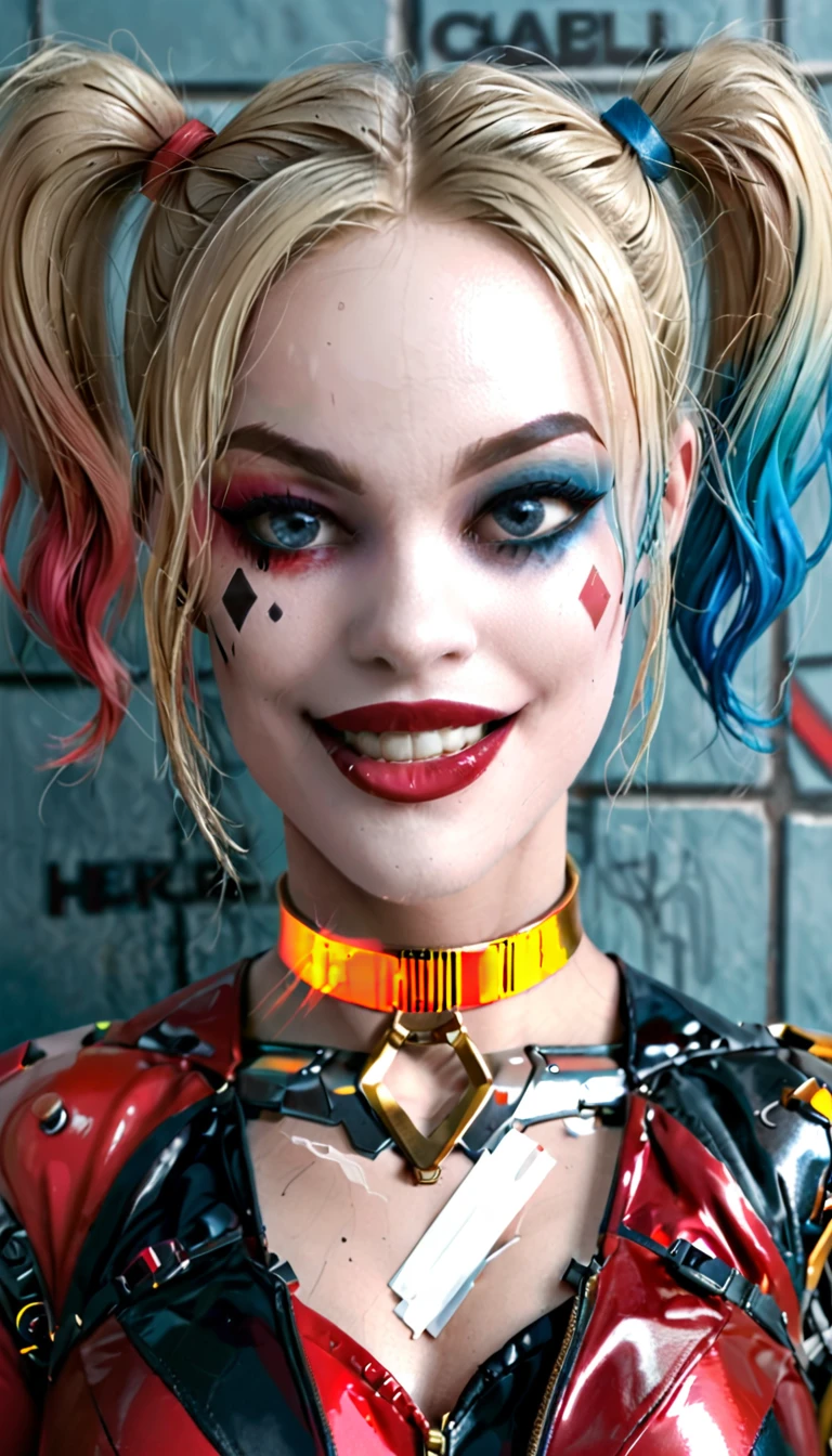 (work of art, high qualiy, wall-paper) Harley Quinn smiling with her mouth open showing her teeth, with blonde hair, neckline with very large bust, pink and light blue hair patch, blue colored eyes, strong makeup, red shadow and blue shadow, red lipgloss stick, golden gold choker, leather jacket, Cyborg Body, metal body, smooth and shiny metal, heavy iron boots, mechanical joints,  fully body, 