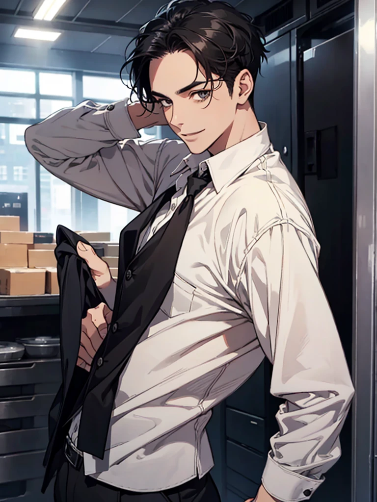 Forehead, Very short hair, A kind smile, One Man, Portrait from chest up, Very short black hair, Old man in clothes, Please open your eyes a little, Male hand,Man&#39;s face,Male eyebrows, Male Eyes, Sharp Nose ,Long Nose, Slicked back hairstyle, Black butler uniform, Iris, walking , A kind smile, Reminiscent of a novel cover, Dramatic lighting, Emphasize the contrast between light and shadow, (Official Art, Highest quality、unity 8k wallpaper、32k、masterpiece、Very detailed, grab your hair with your hands, Cinema Lighting, Isekai Tensei, anime,Beautiful light shining through the window, sense of cleanliness,