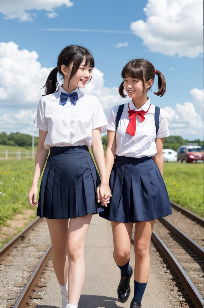 2 girls walking in rural station,long train on far side,cumulonimbus cloud in summer blue sky,white sailor shirt with red bow tie,navy blue pleated skirt,18-year-old,bangs,a little smile,thighs,knees,short hair with low pigtails bunches,from beside,front light